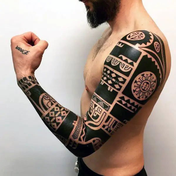 blackwork-full-arm-sleeve-badass-tribal-tattoos-guys
