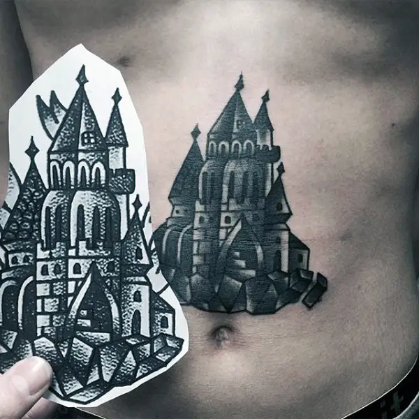 Grey Ink Horror Castle Tattoo On Upper Back By Nadi