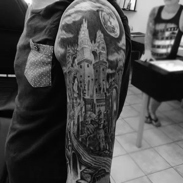 full-sleeve-scottish-castle-tattoo-for-men-shaded