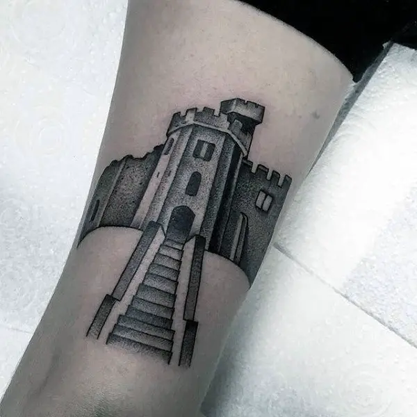 guys-shaded-black-ink-simple-castle-tattoo-on-forearm