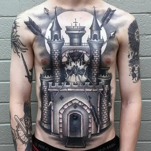 man-with-full-chest-fortress-castle-tattoo-design