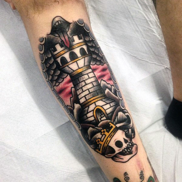 medieval-castle-tattoo-with-king-crown-skull-tattoo-for-guys-on-forearm
