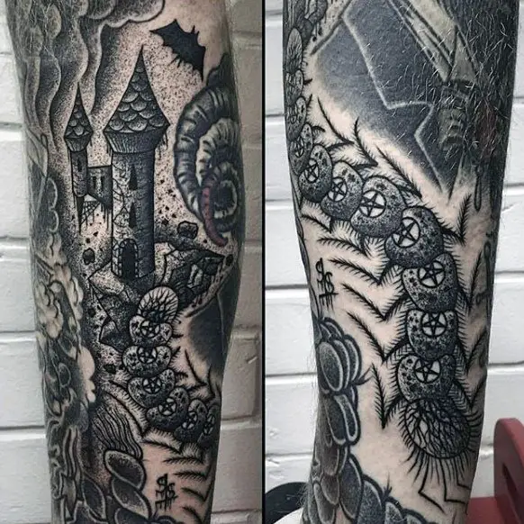 mens-old-school-style-castle-tattoo-sleeve