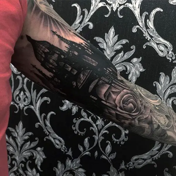 mens-tattoo-of-castle-with-rose-flower-sleeve