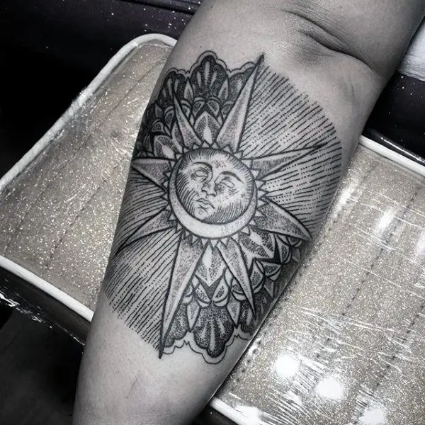 outer-forearm-sun-tattoo-for-me-black-ink-line-work