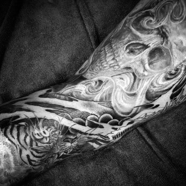 Healed Smoky Black and Grey Realistic Full Sleeve Tattoo