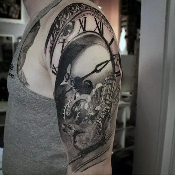 3d-mens-clock-black-ink-half-sleeve-tattoo