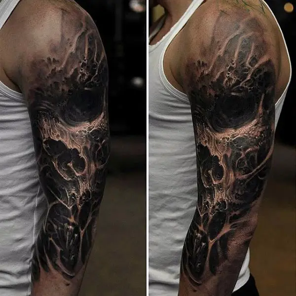 awesome-3d-black-ink-skull-mens-half-sleeve-tattoos