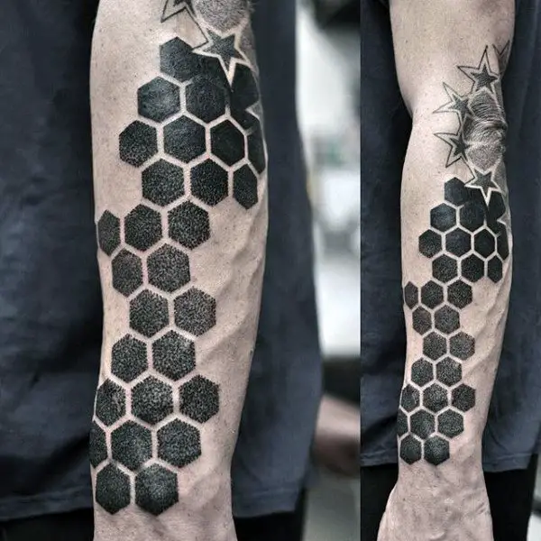 bee-hive-and-stars-dotwork-tattoo-male-forearms