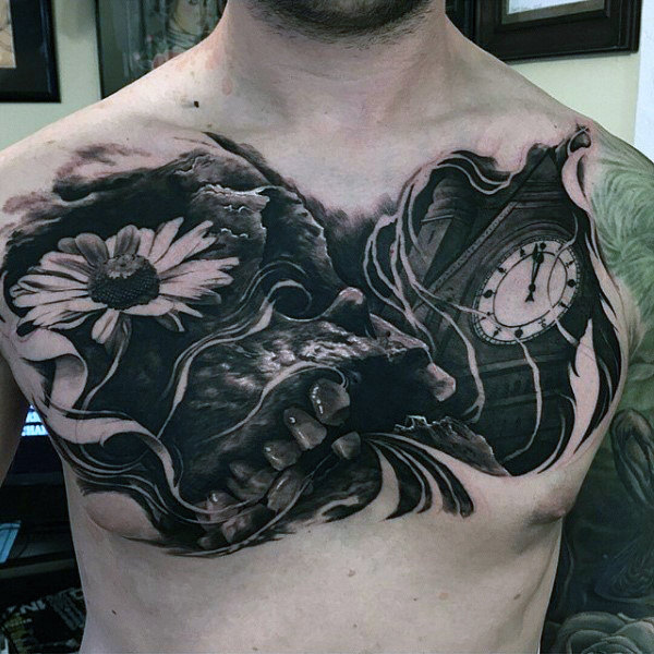 clock-with-skull-and-flower-black-ink-chest-tattoo-for-men