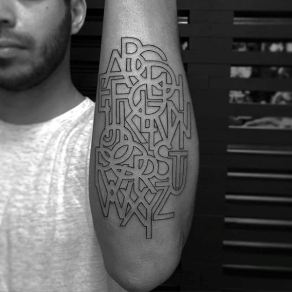 cool-male-typography-tattoo-designs-black-ink-letter-outline-outer-forearm