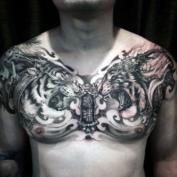 double-lion-mens-chest-tattoo-with-black-ink