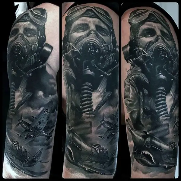 fighter-pilot-portrait-male-black-ink-half-sleeve-tattoo-designs