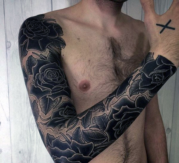 guy-with-dark-black-roses-dotwork-tattoo-on-sleeves
