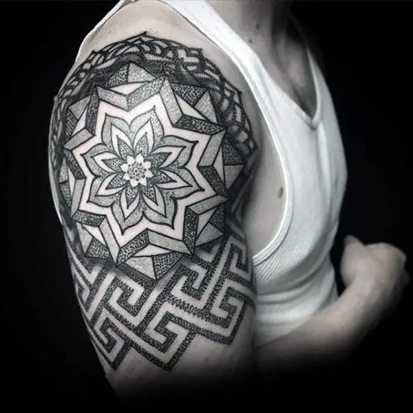 impressive-black-dotwork-floral-tattoo-male-arms