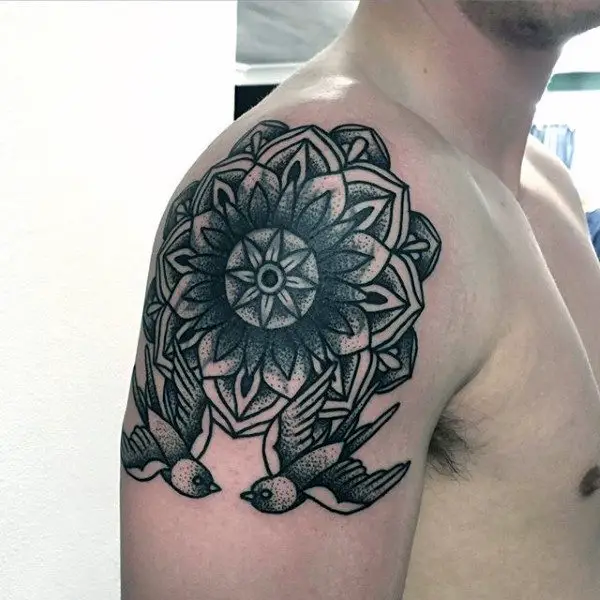 male-arms-pair-of-birds-and-floral-dotwork-tattoo