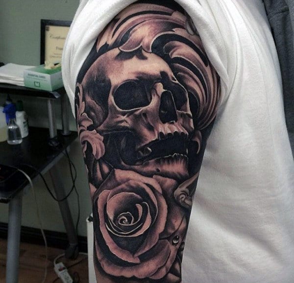 male-black-ink-skull-and-rose-flower-sleeve-tattoo
