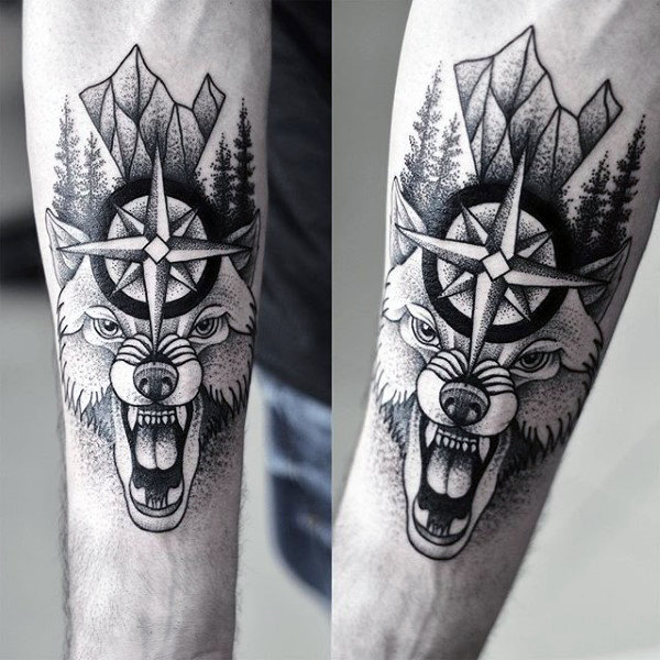 male-forearms-beast-and-religious-sign-dotwork-tattoo