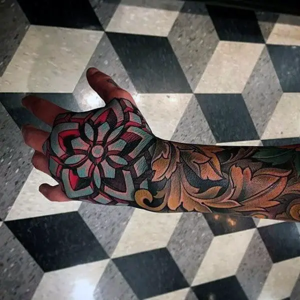 amazing-flower-shape-optical-illusion-mens-sleeve-tattoo-on-hand