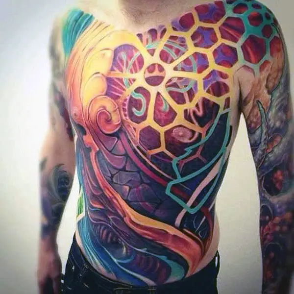 colorful-full-body-chest-mens-geometric-optical-illusion-tattoo-inspiration