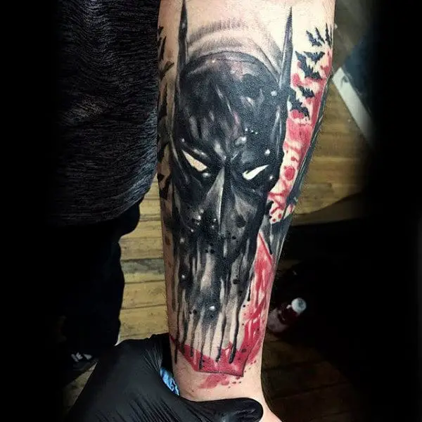 cool-abstract-watercolor-mens-lower-forearm-batman-tattoos