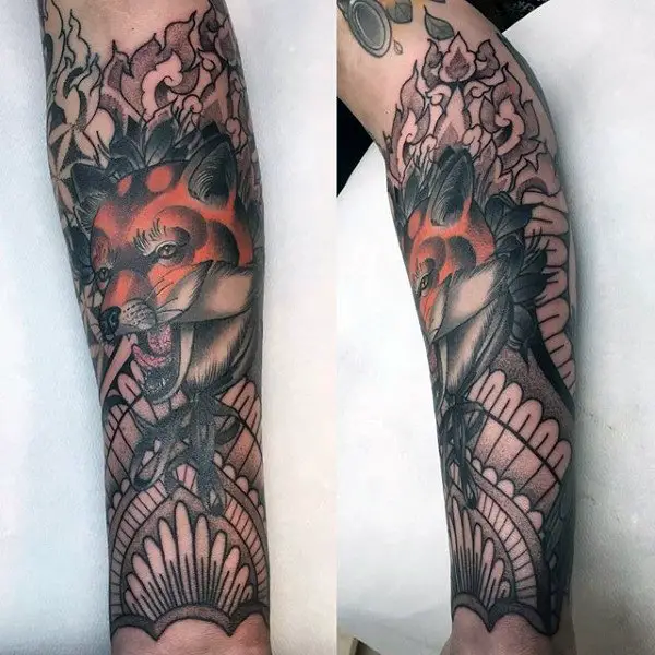 Neu von @maurice_ink_ … Done with this koi and fox sleeve. A hanya mask  will b – Freywerk Tattoo Köln