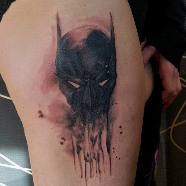 dripping-batman-mask-mens-thigh-tattoos-watercolor-ink