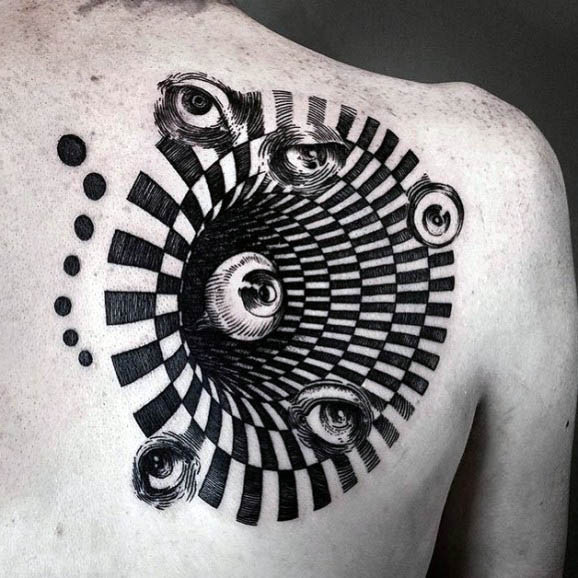 eyeball-checkered-hole-optical-illusion-mens-back-of-shoulder-tattoo