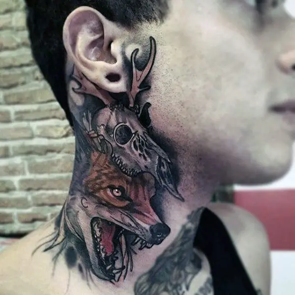 horrific-skull-and-fox-tattoo-mens-neck
