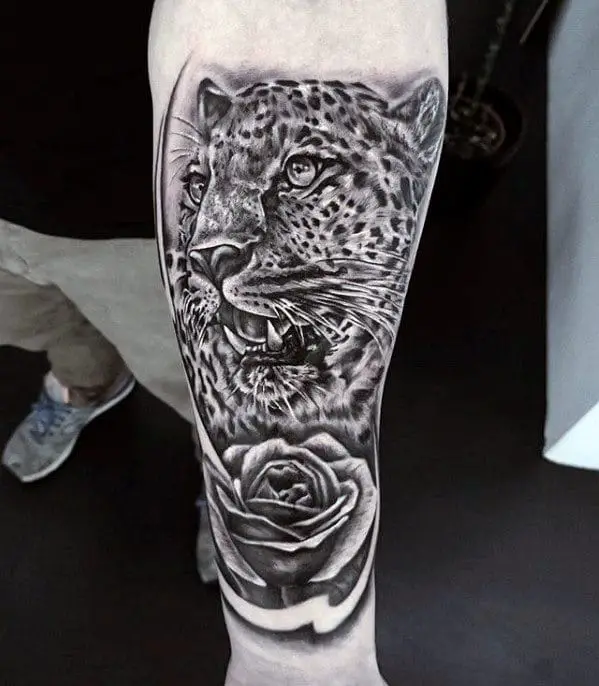 inner-forearm-mens-cheetah-rose-flower-shaded-tattoos