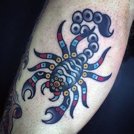 leg-calf-male-colorful-traditional-scorpion-small-tattoo-ideas