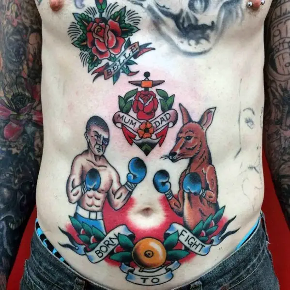 masculine-traditional-boxer-and-kangaroo-mens-born-to-fight-stomach-tattoo