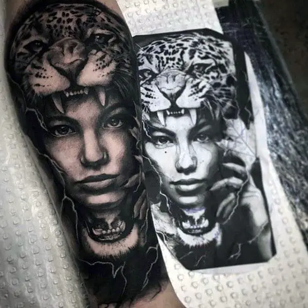 mens-forearm-sleeve-cheetah-with-female-portrait-realistic-tattoo