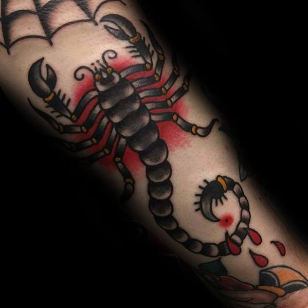 mens-red-shadow-traditional-scorpion-tattoo-on-outer-arm