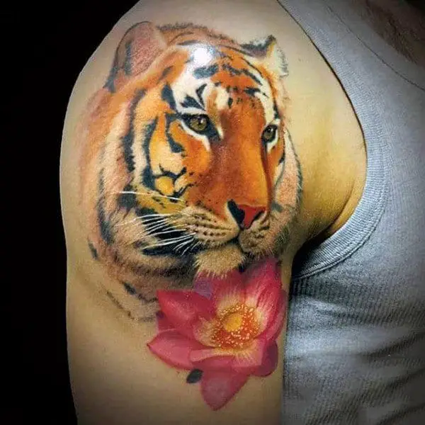 awesome-tiger-lotus-flower-tattoos-for-guys-on-upper-arm
