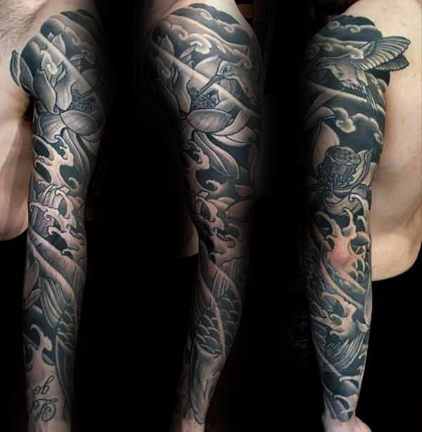 black and grey flower sleeve tattoos