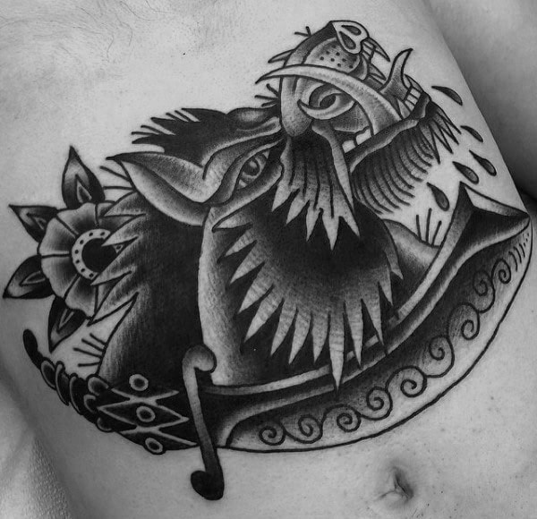black-and-grey-ink-shaded-male-boar-stomach-tattoo-with-traditional-design
