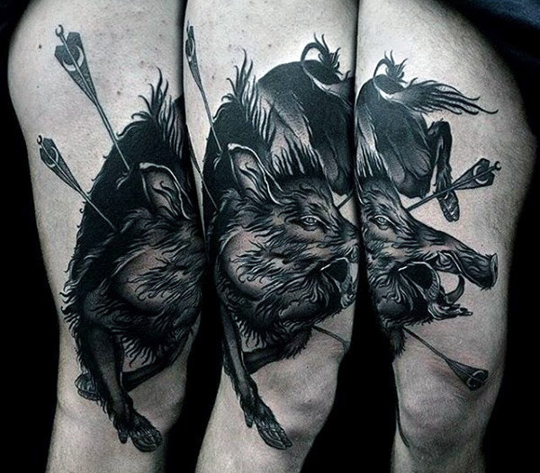 black-boar-with-arrows-mens-thigh-and-leg-tattoo