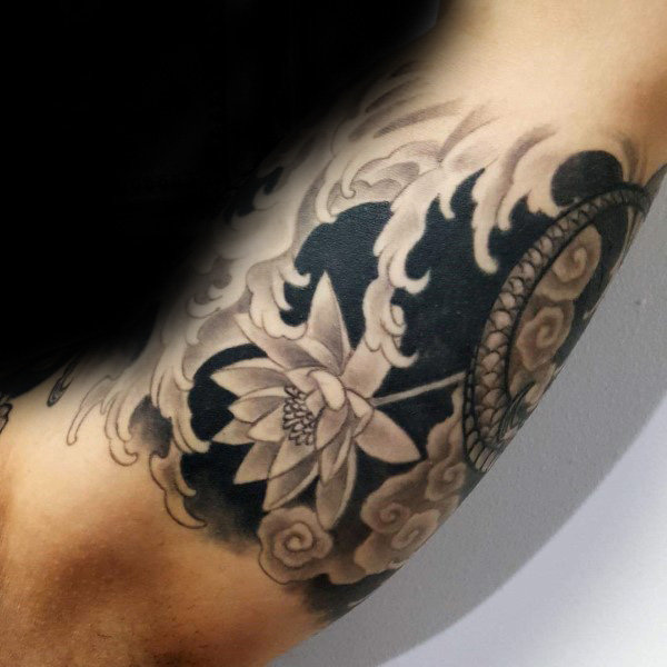 black-ink-guys-negative-space-lotus-flower-waves-tattoo-on-arms