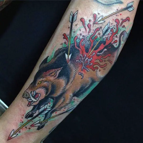boar-running-from-arrows-mens-forearm-tattoo-design-ideas
