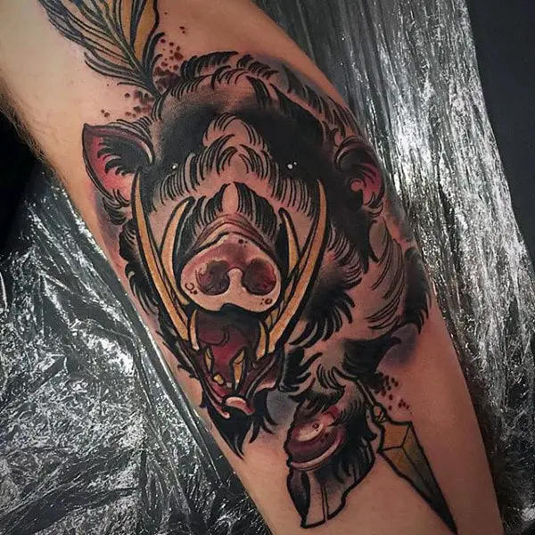 boar-with-arrow-mens-leg-tattoo-design-ideas