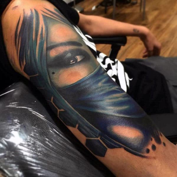 female-portrait-with-blue-mask-guys-mortal-kombat-arm-tattoos