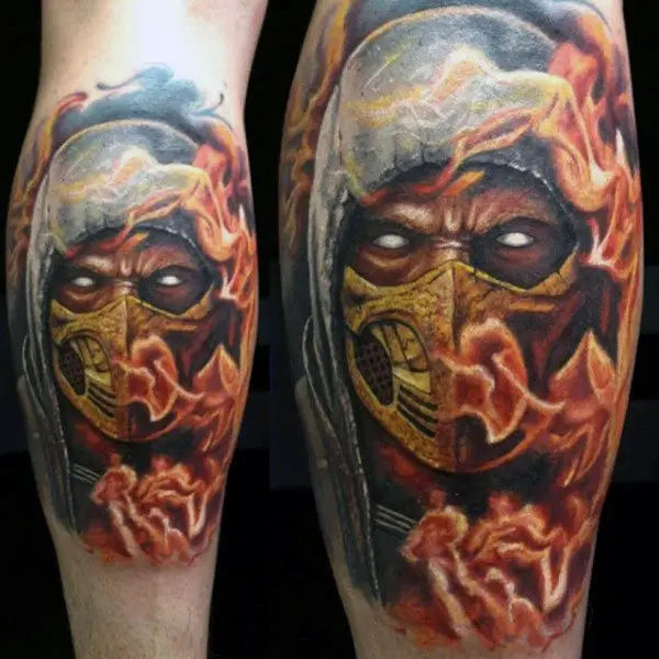 flaming-mortal-kombat-mens-scorpion-leg-calf-tattoos