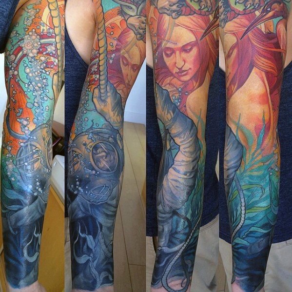 full-arm-sleeve-colorful-diver-guys-tattoo-designs
