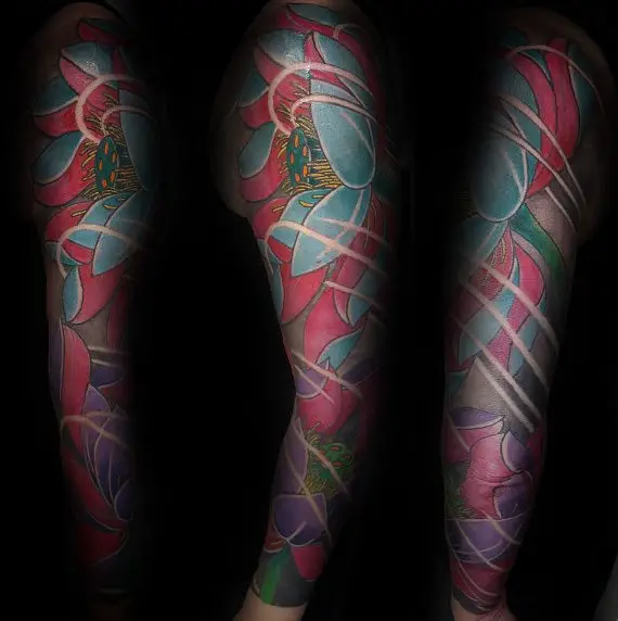 full-colorful-lotus-flower-sleeve-tattoo-for-gentlemen