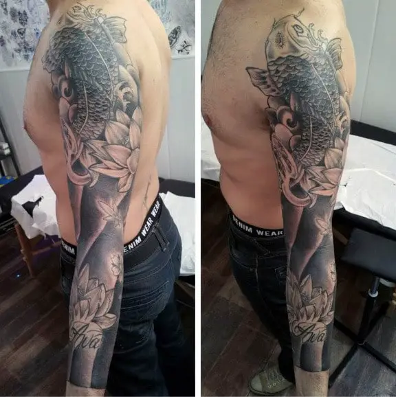 gentleman-with-lotus-flower-full-sleeve-tattoo-design