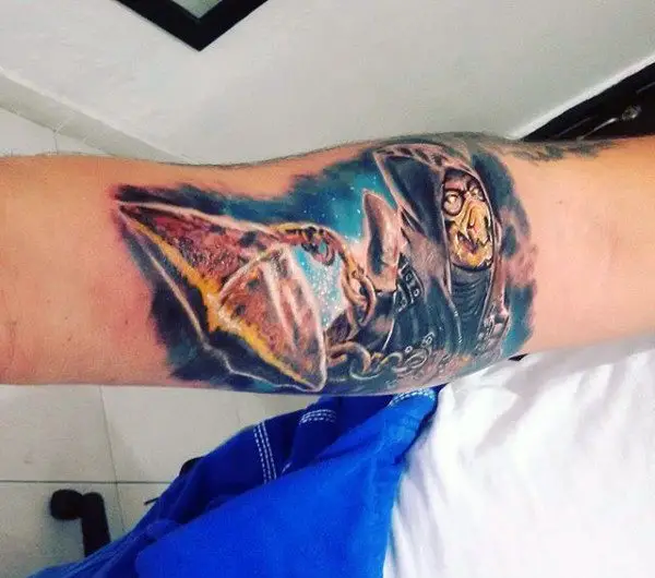 gentleman-with-watercolor-mortal-kombat-3d-forearm-tattoo