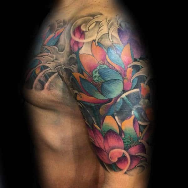 guys-watercolor-lotus-flower-half-sleeve-tattoo-inspiration