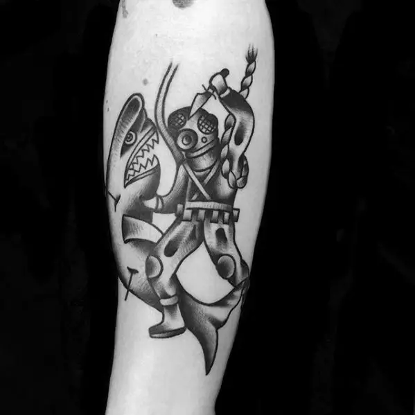 inner-forearm-cool-diver-with-shark-traditional-tattoo-design-ideas-for-male