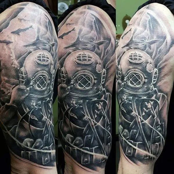 mens-diver-half-sleeve-shaded-black-and-grey-tattoo